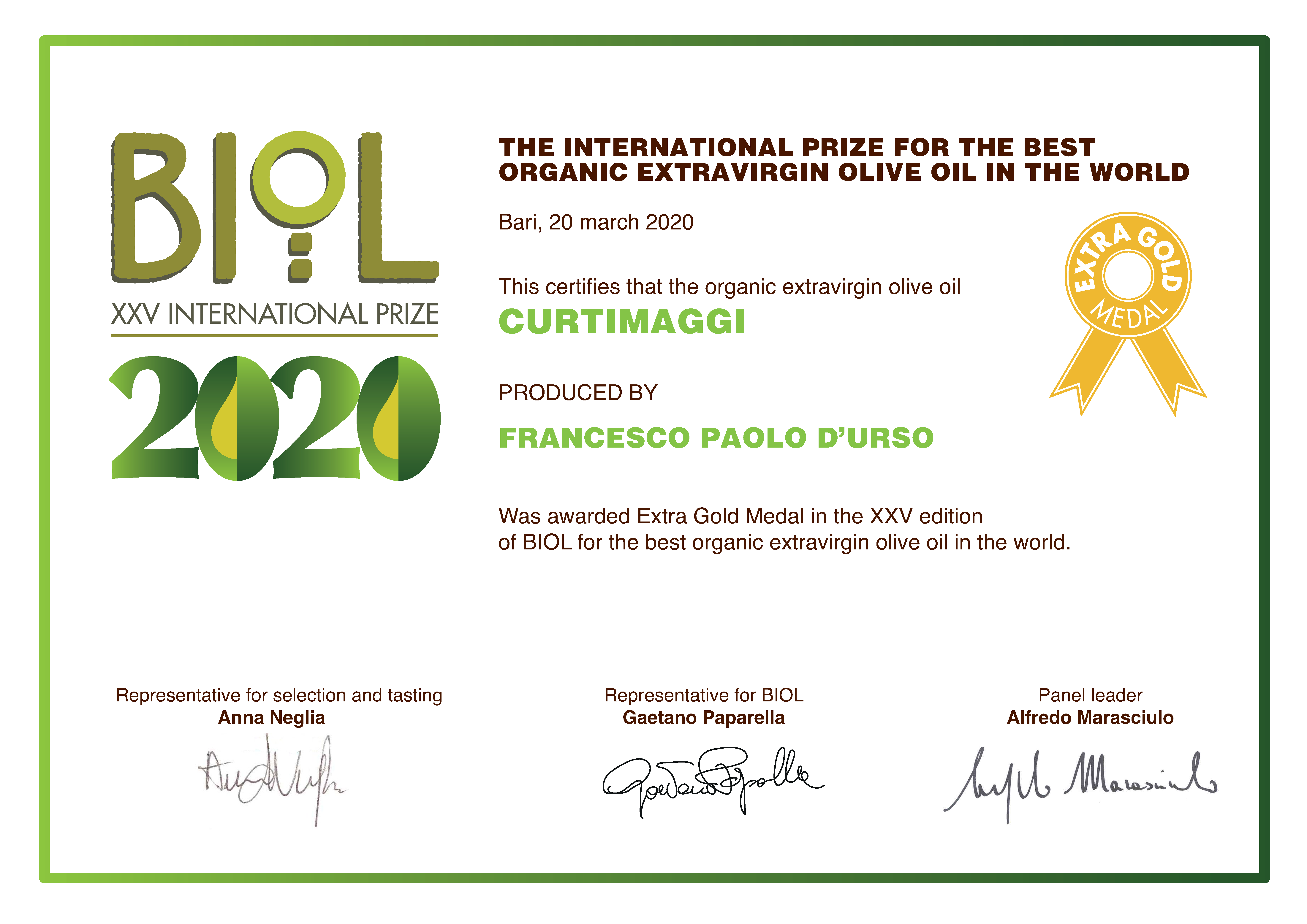 Extragold medal - BIOL 2020